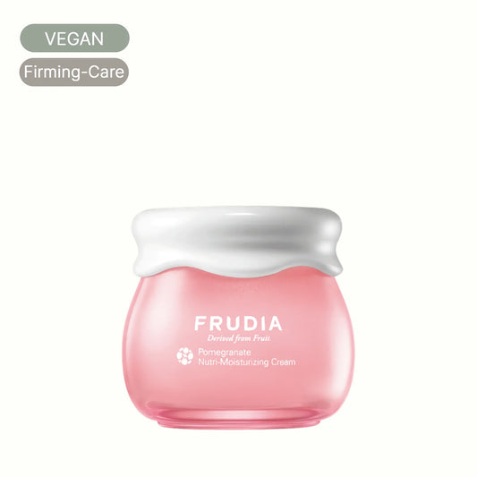 Frudia Pomegranate Nutri-Moisturizing Cream in a pink jar, vegan firming skincare product.