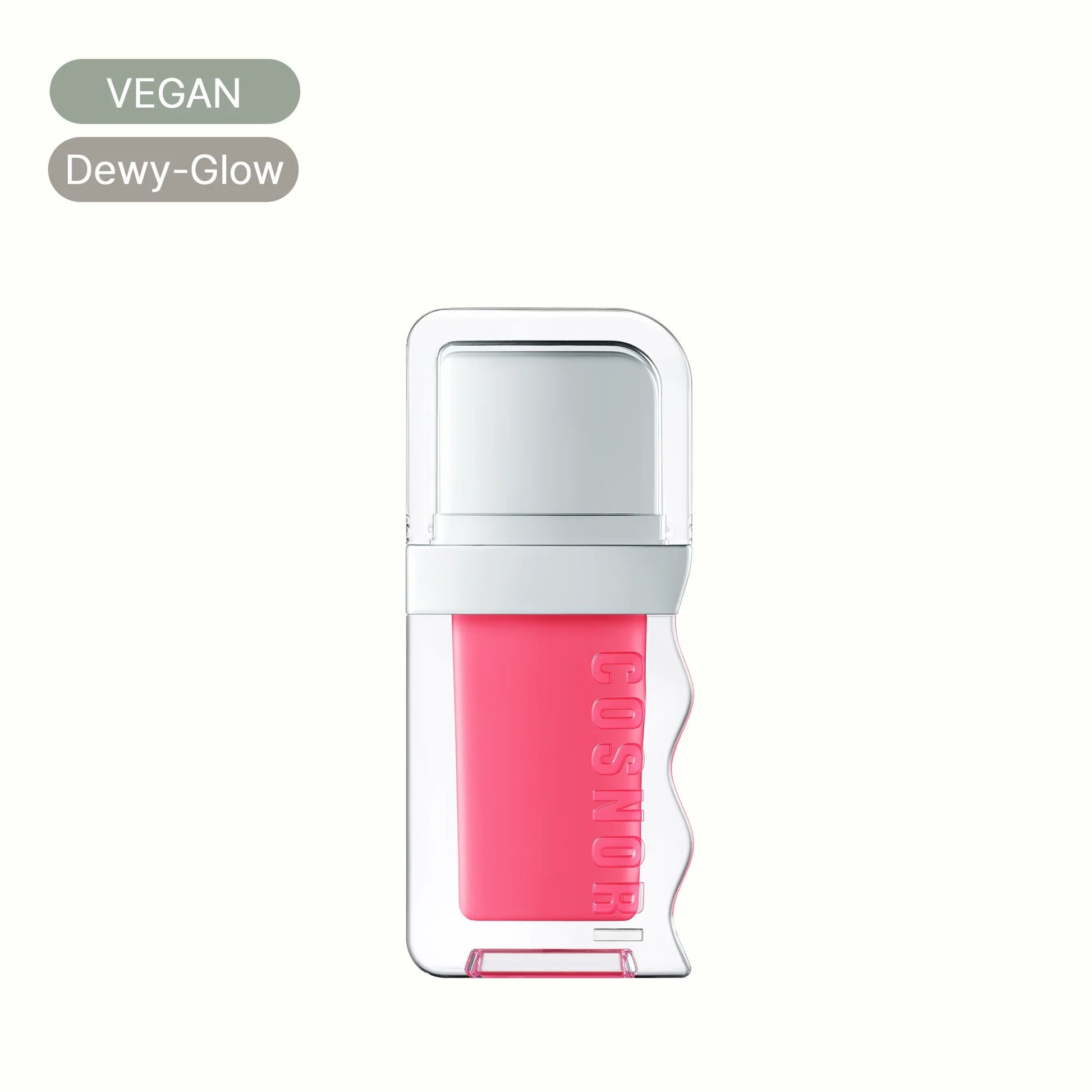 Vegan dewy-glow lip tint in a clear container with pink liquid and COSNORI branding