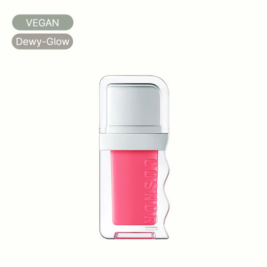 Vegan dewy-glow lip tint in a clear container with pink liquid and COSNORI branding