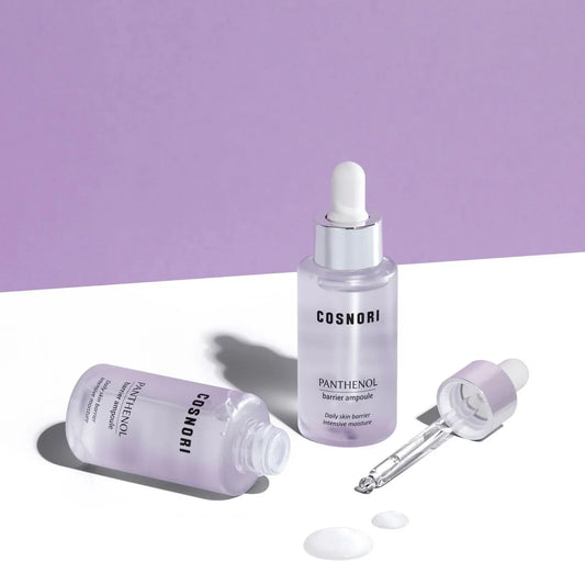 COSNORI Panthenol barrier ampoule bottle for daily skin barrier and intensive moisture care on purple and white background 