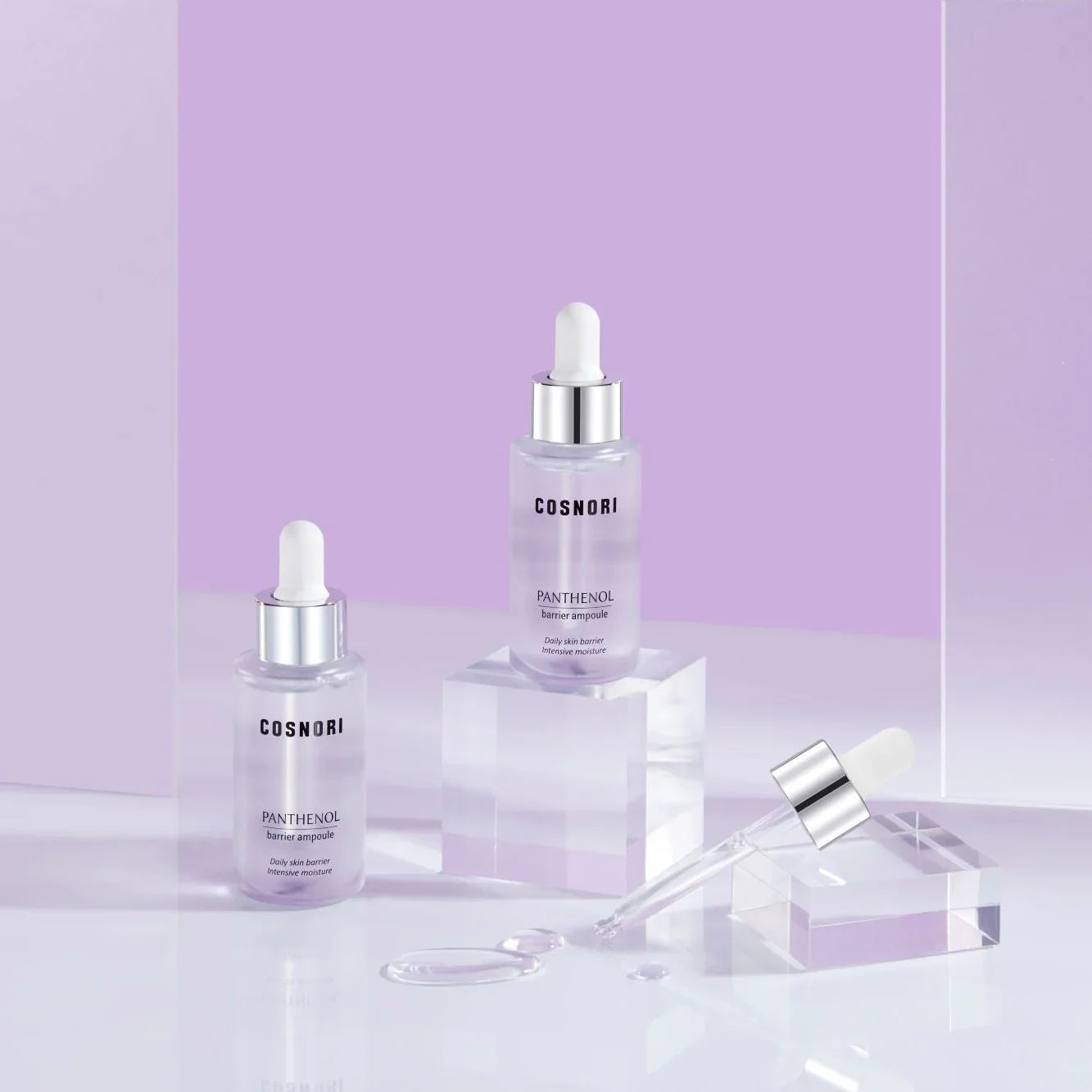 COSNORI Panthenol barrier ampoule bottle for daily skin barrier and intensive moisture care on purple background
