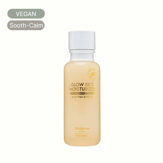 Glow Rice Moisturizer bottle, vegan soothing skincare with rice bran water and vitamin.