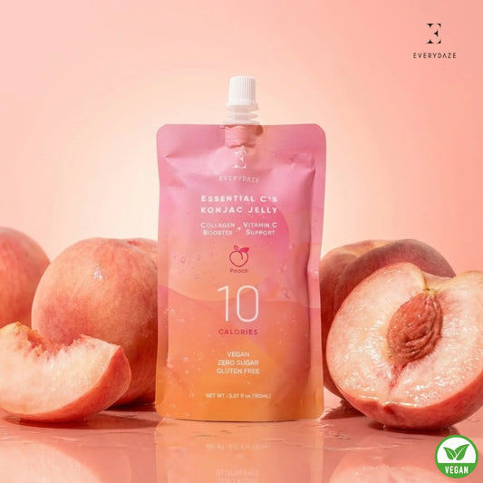 Peach-flavored konjac jelly with collagen & vitamin C, vegan, zero sugar, 10 calories per pouch