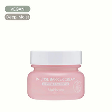 Pink jar of Intense Barrier Cream with ceramide and panthenol, vegan Korean skincare moisturizer