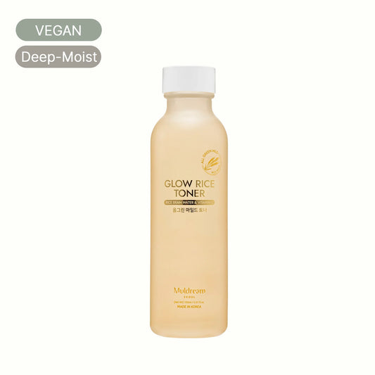Muldream Glow Rice Toner bottle for deep moisture, vegan Korean skincare product