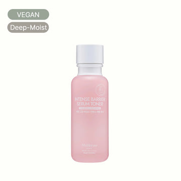 Pink bottle of intensive barrier serum toner with vegan and deep-moist labels on white background
