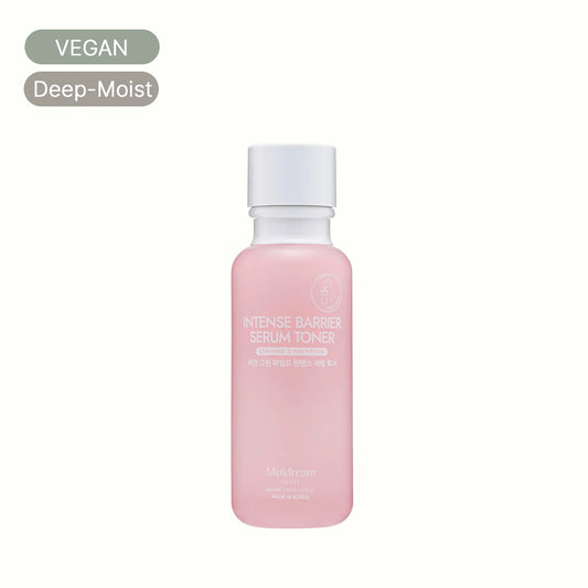 Pink bottle of intensive barrier serum toner with vegan and deep-moist labels on white background