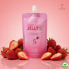 Strawberry Sweet Jelly C with Vitamin C, zero sugar, gluten-free, vegan, 5 calories, surrounded by fresh strawberries on pink background