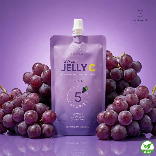 Sweet Jelly C Grape flavor plant-based konjac jelly pouch with fresh grapes, vegan, zero sugar, 5 calories