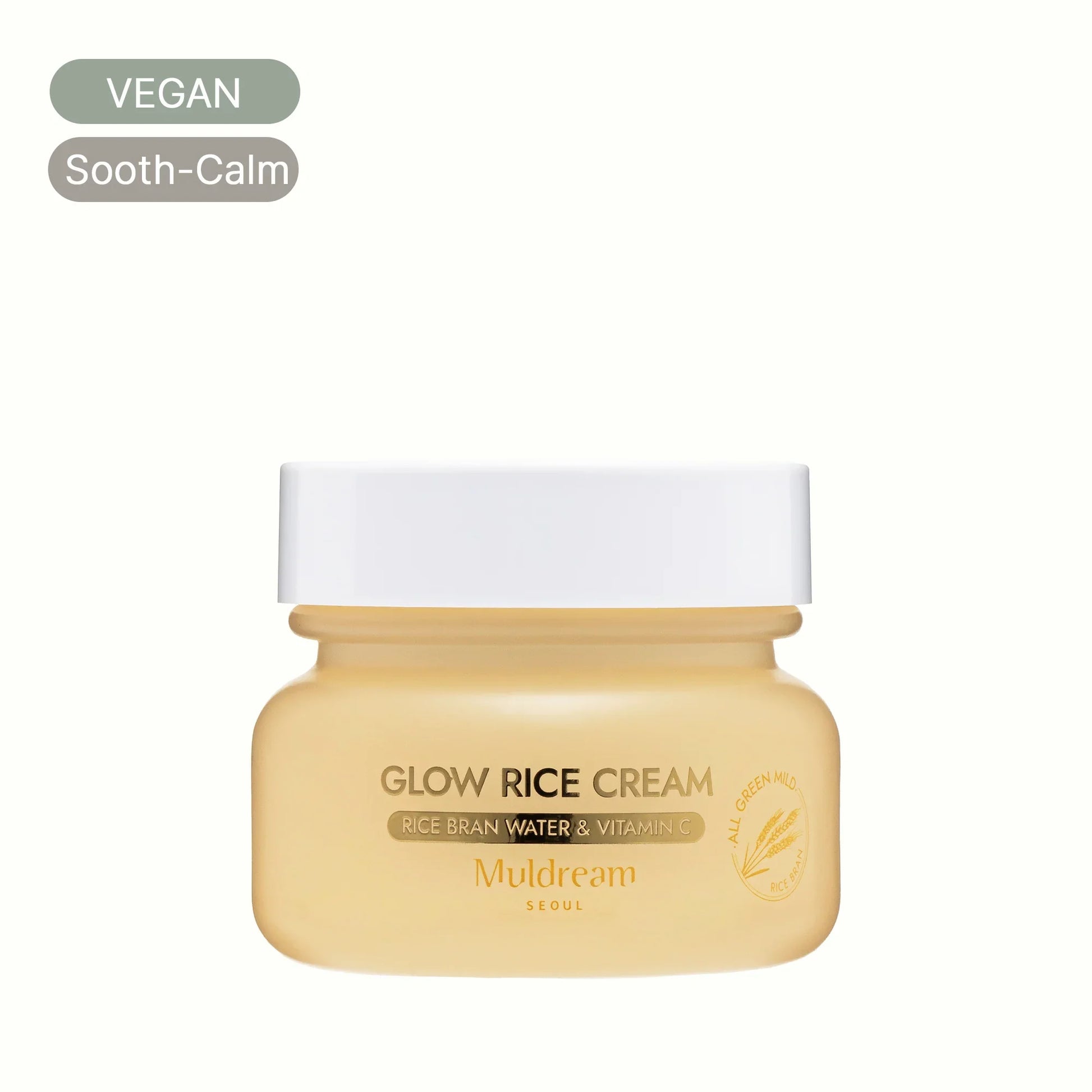 Vegan Glow Rice Cream jar with white lid, Korean skincare for soothing and calming skin
