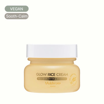 Vegan Glow Rice Cream jar with white lid, Korean skincare for soothing and calming skin