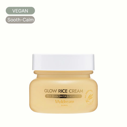 Vegan Glow Rice Cream jar with white lid, Korean skincare for soothing and calming skin
