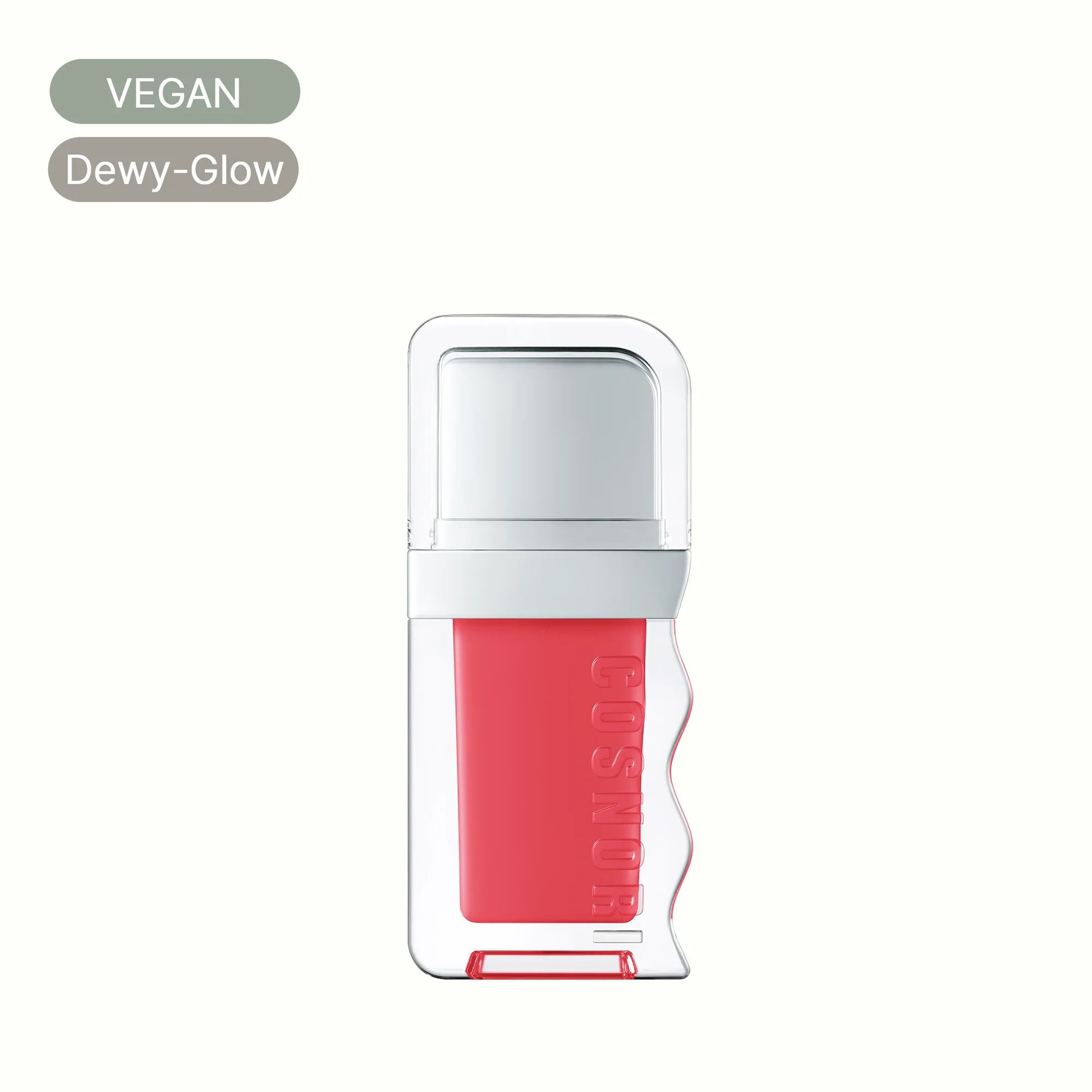 Vegan dewy-glow lip tint in a clear rectangular bottle with coral pink color.