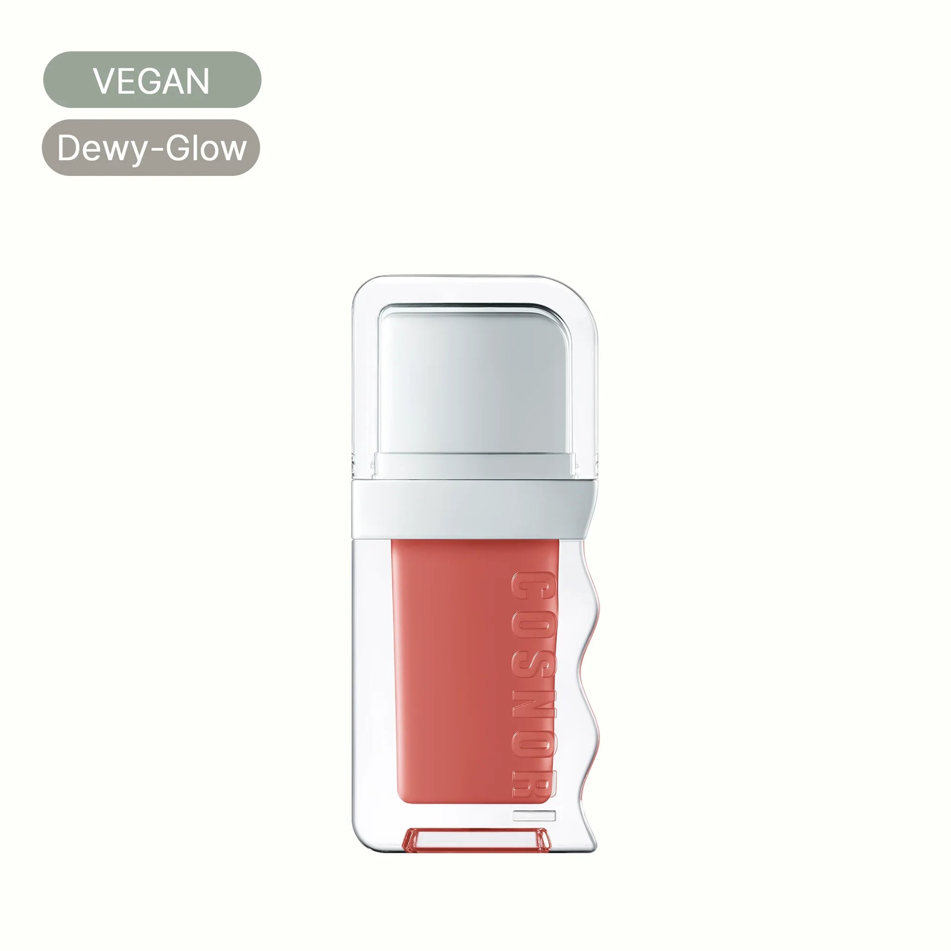 Vegan dewy-glow lip tint in clear square bottle with peach pink color