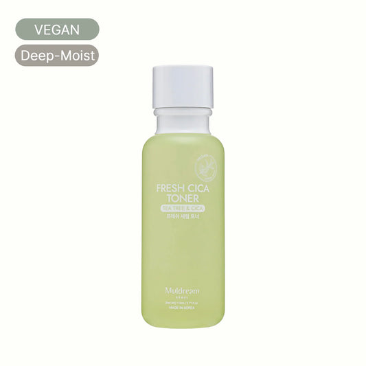 Vegan Fresh Cica Toner bottle with tea tree and cica, deep-moist formula, Korean skincare