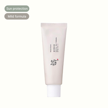 Mild formula sun protection cream with SPF50+ PA++++ for sensitive skin, featuring rice and probiotics.