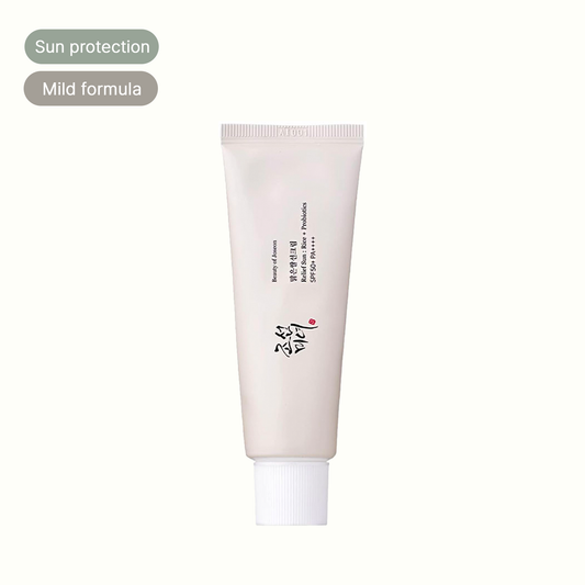 Mild formula sun protection cream with SPF50+ PA++++ for sensitive skin, featuring rice and probiotics.