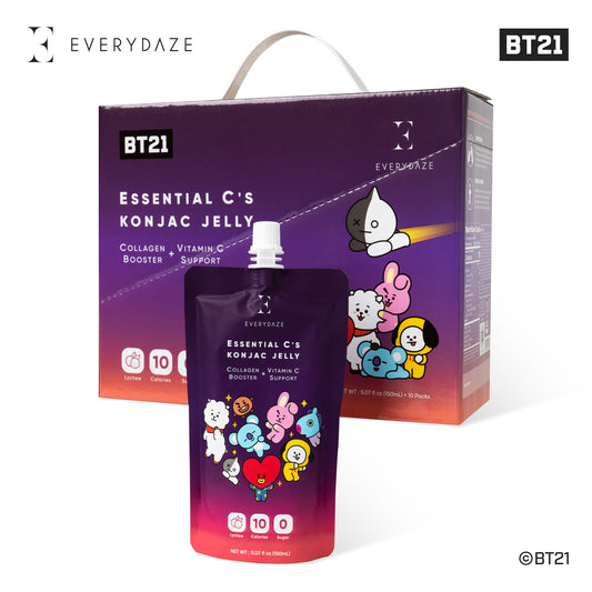 BT21 Essential C's Konjac Jelly with collagen & vitamin C, lychee flavor, 10 calories, 0 sugar, purple pouch & box