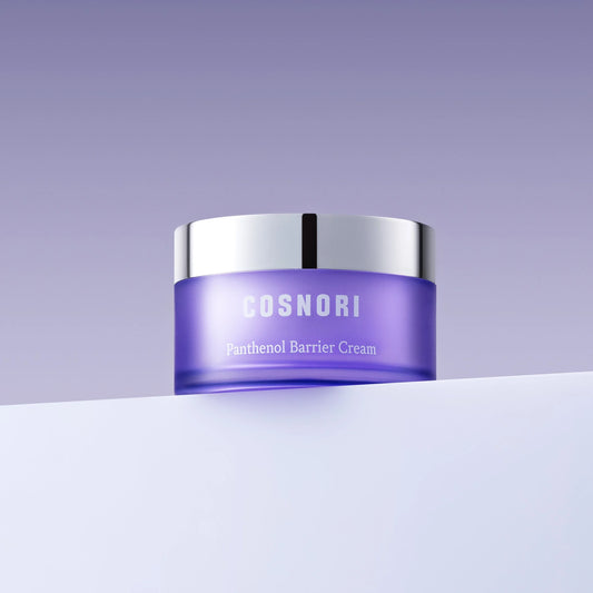 COSNORI Panthenol Barrier Cream in purple jar with silver lid, ideal for sensitive skin care