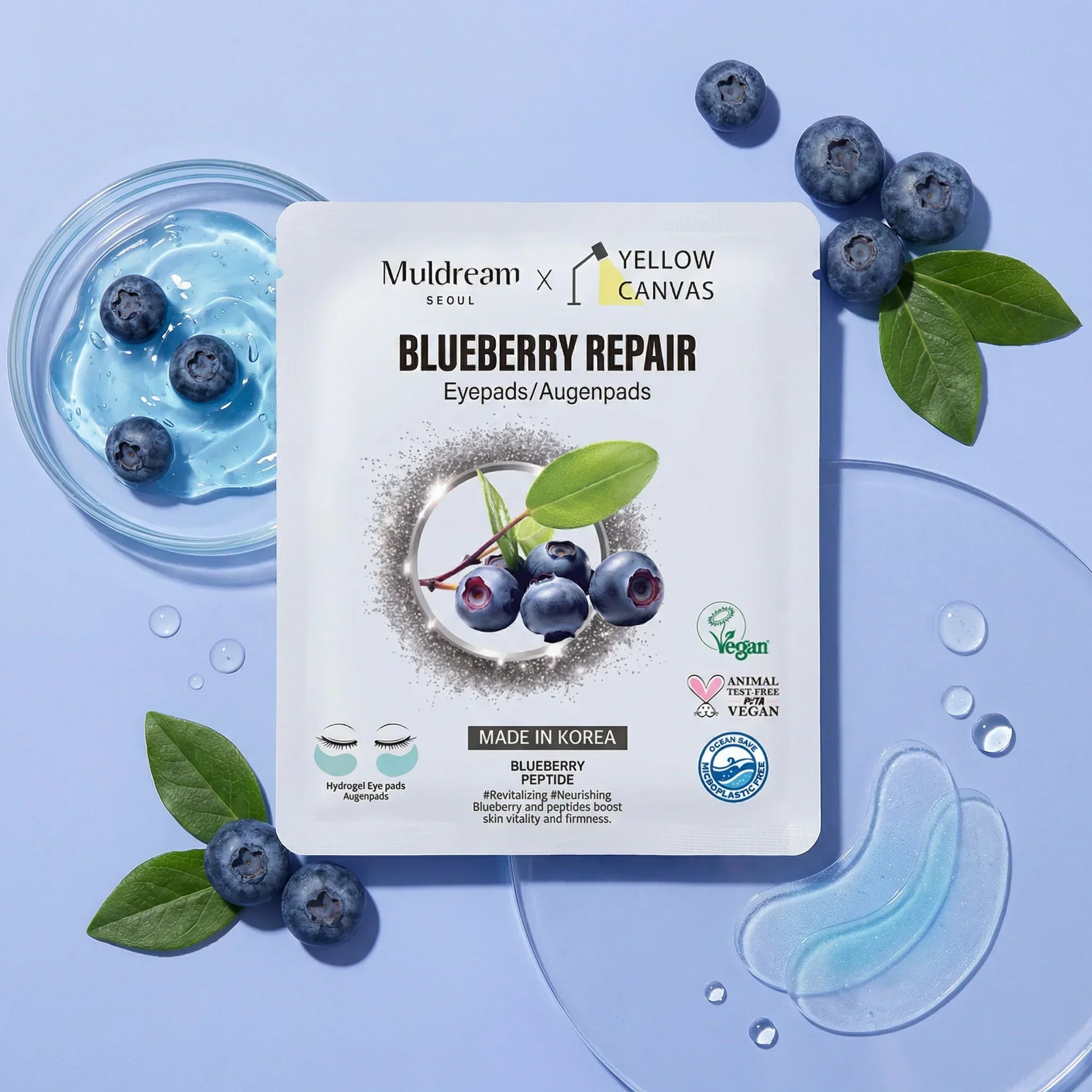 Blueberry Repair eye pads Korean skincare sheet mask with fresh blueberries and hydrogel patches on light blue background.