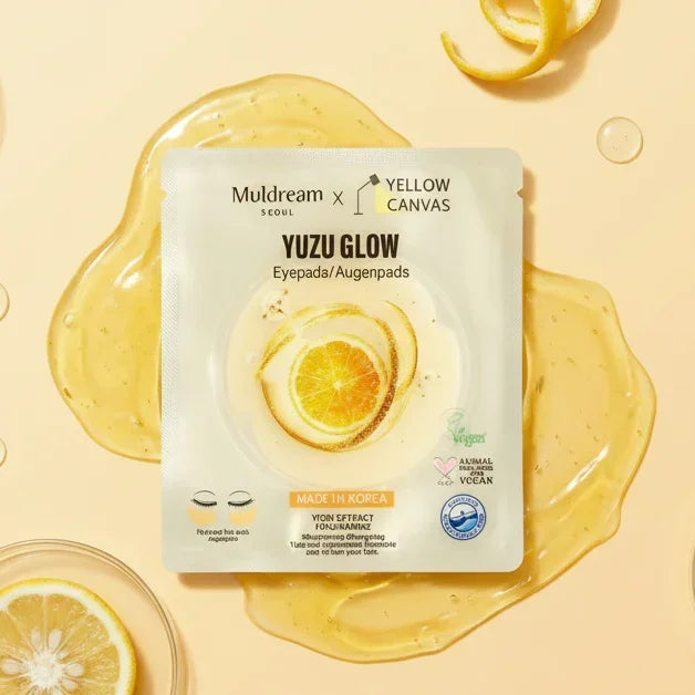 Yuzu Glow Radiance eyepads on pastel background