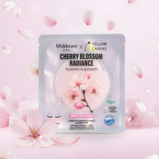 Cherry Blossom Radiance eyepads Korean skincare product with pink cherry blossoms on pastel background