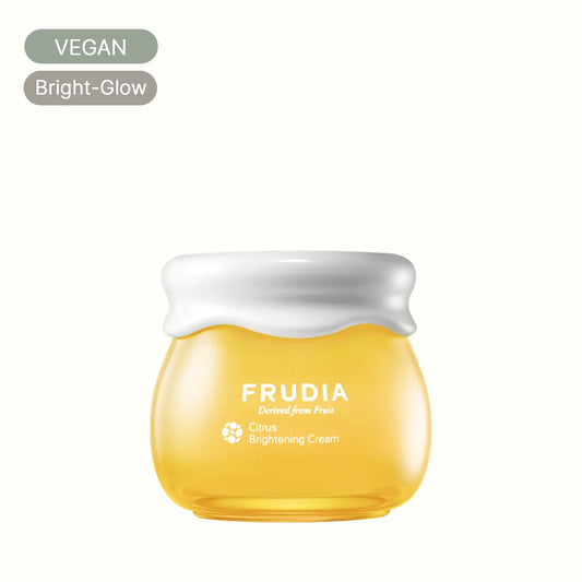 Frudia Citrus Brightening Cream vegan skincare jar with white lid and bright glow label