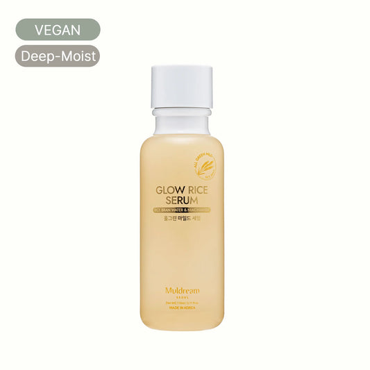 Muldream Glow Rice Serum bottle with vegan and deep-moist labels, Korean skincare product.