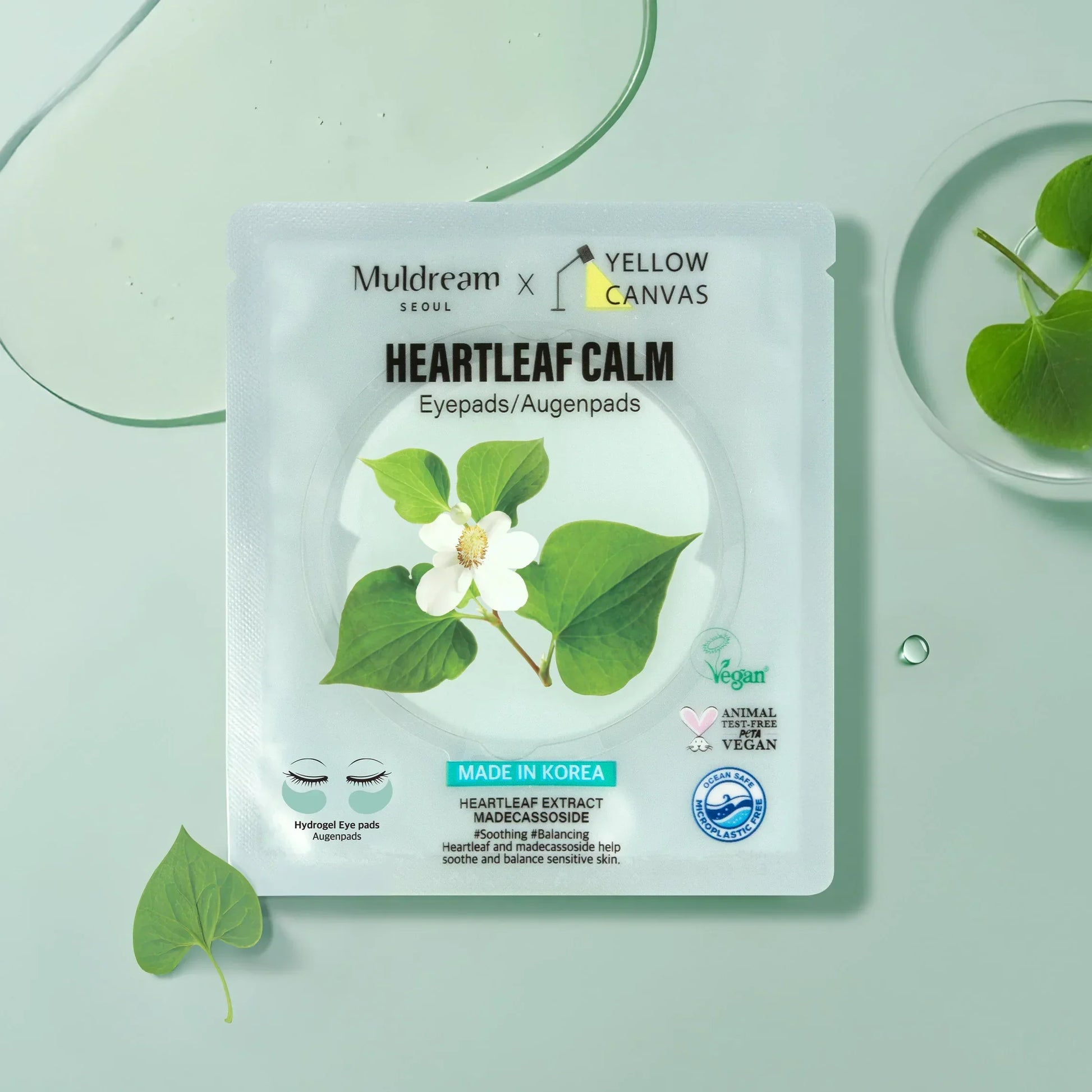 Heartleaf Calm hydrogel eye pads Korean skincare packet with leaf and flower, vegan and cruelty-free labels