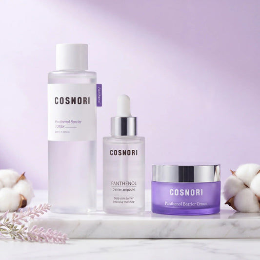 COSNORI Panthenol Barrier skincare set: toner, ampoule, cream for sensitive, dry skin with cotton accents